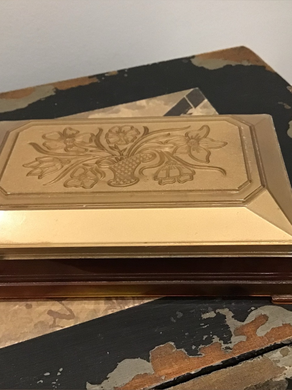 Vintage Amber Tortoiseshell Lucite Style Trinket Jewelry Box Floral Lid